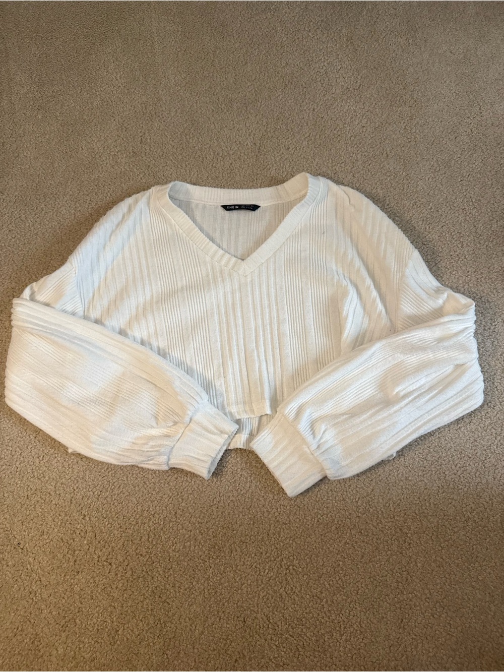 SHIEN White V-Neck Ribbed Cropped Sweater